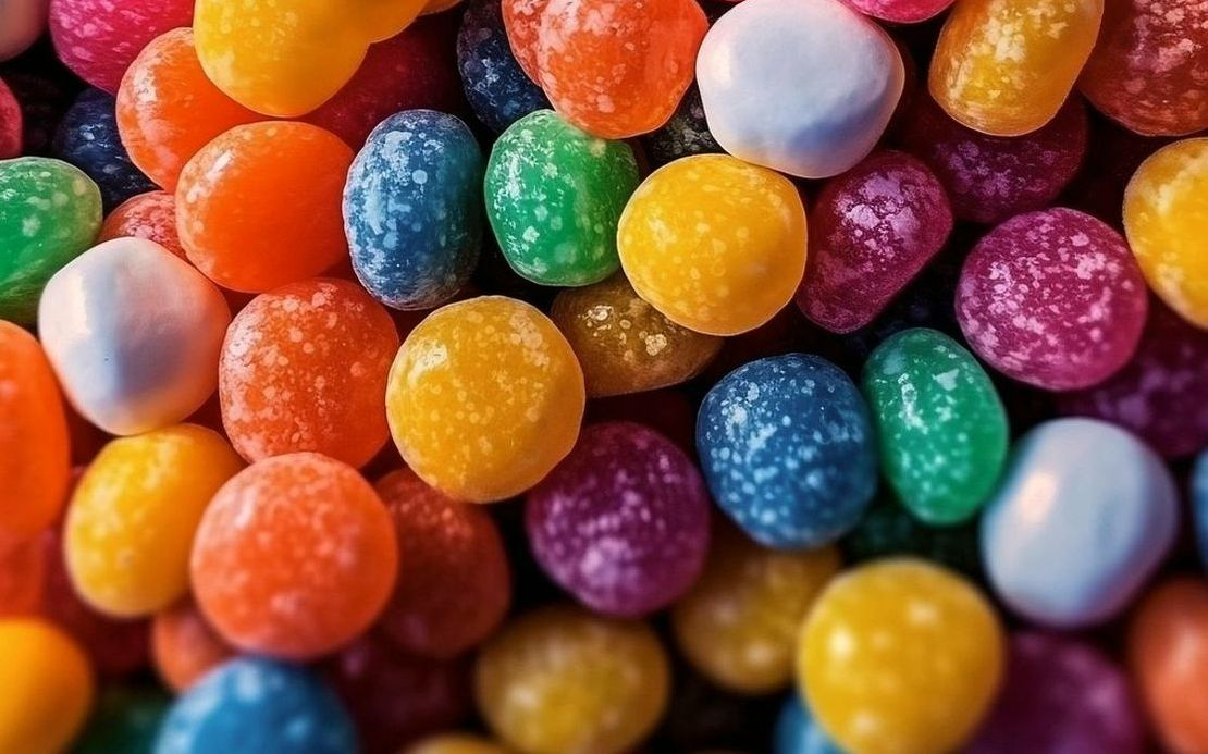 Tabakta dizilmiş rengarenk yumuşak şekerler